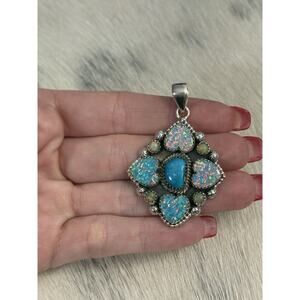 Huge Sterling Silver Fire Opal & Blue Ridge Turquoise Hearts Cluster Pendant 925